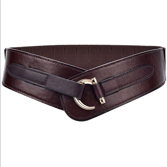 Wide Leather Belt Hook Buckle Wide Waist Stretch Dark Brown Belt - Picture 1 of 11